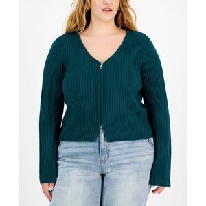Trendy Plus Size V-Neck Zip-Up Sweater